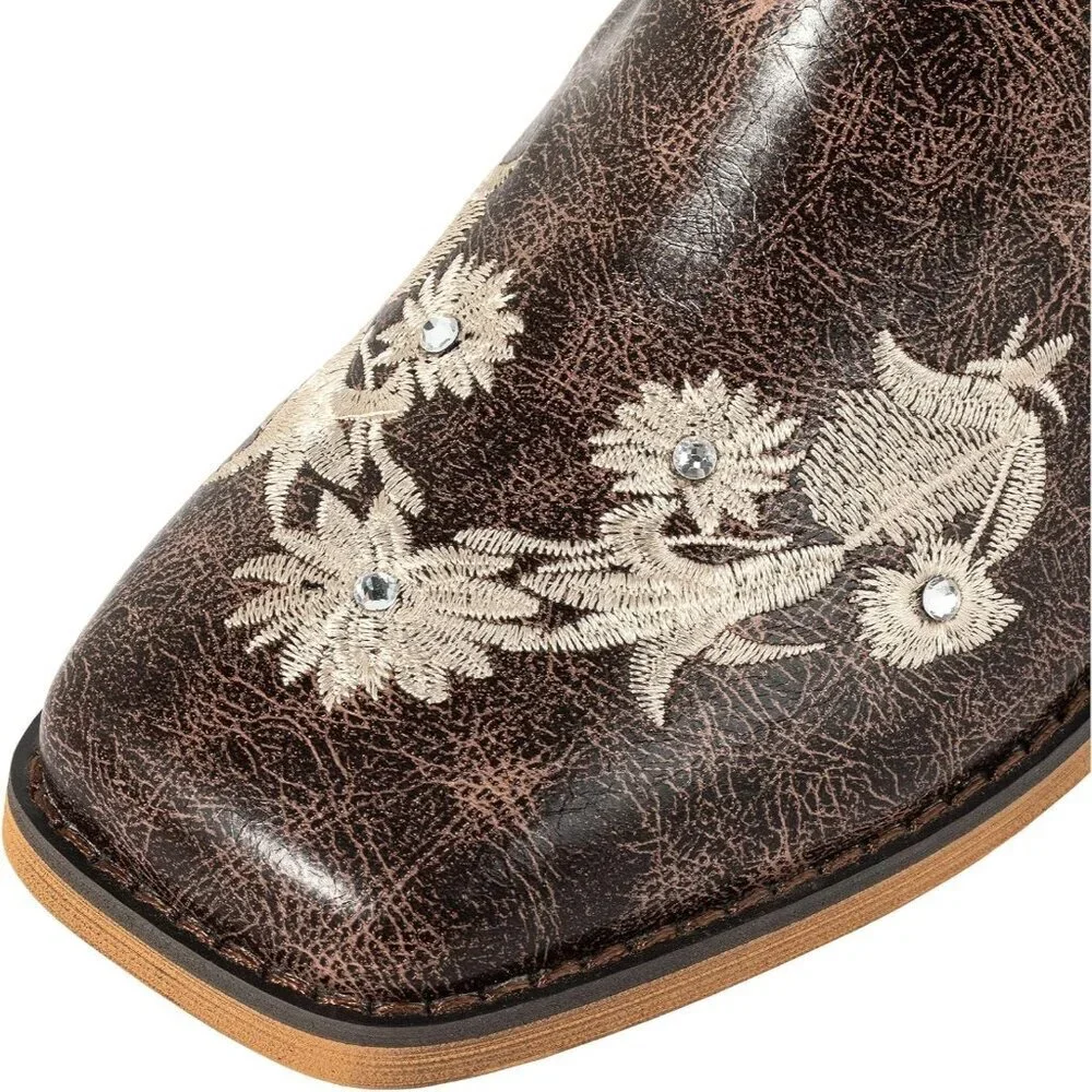 SheSole Womens Brown Ladies Cowgirl Boots Cowboy Mid Calf Square Toe - Picture 3 of 9